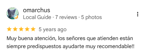 omarchus, 5 estrellas. Muy buena atención, los señores que atienden están siempre predispuestos ayudarte muy recomendable!!