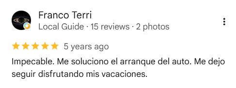 Franco Terri, 5 estrellas. Impecable. Me soluciono el arranque del auto. Me dejo seguir disfrutando mis vacaciones.